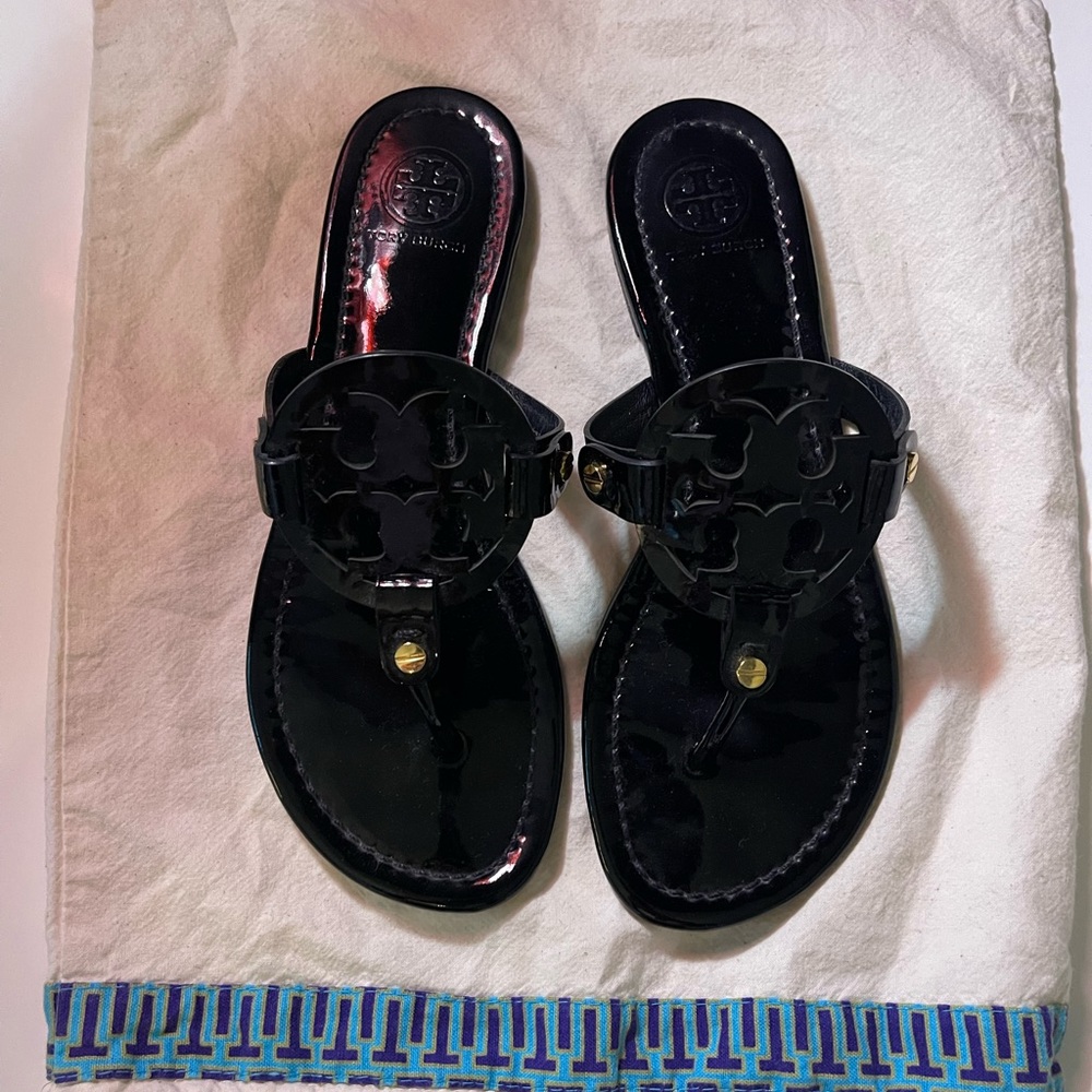 Tory Burch black patent leather sandals. Miller sandals